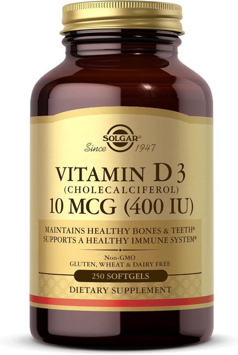 Solgar Vitamin D3 (Cholecalciferol) 10 MCG (400 IU), 250 Softgels | Supports Healthy Bones & Teeth, Immune System