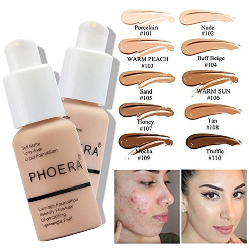 PHOERA Matte Liquid Foundation Full Coverage with Kabuki Makeup Brushes, 101 Porcelain + 102 Nude
