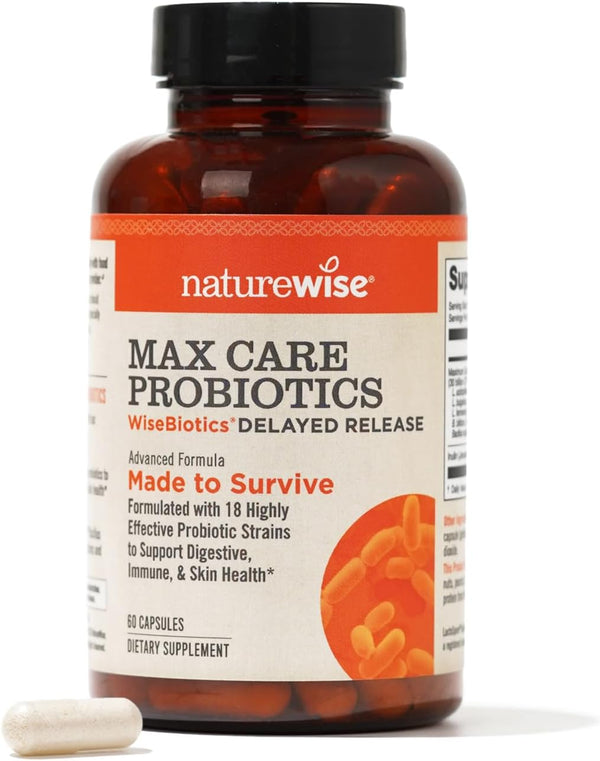 NatureWise Max Probiotics for Women & Men, 60 Capsules, 30 Billion CFU, 18 Strains, Gluten Free, Delayed-Release
