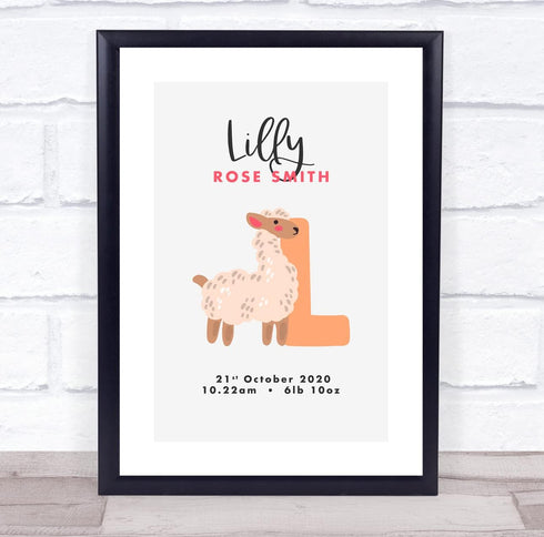 The Card Zoo New Baby Birth Details Christening Nursery Initial L Llama Keepsake Gift Print