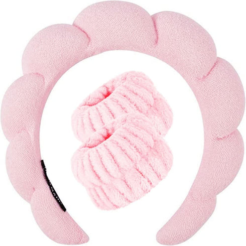 Spa Headband & Wrist Towels Set for Washing Face, Terry Cloth Fabric, Pink