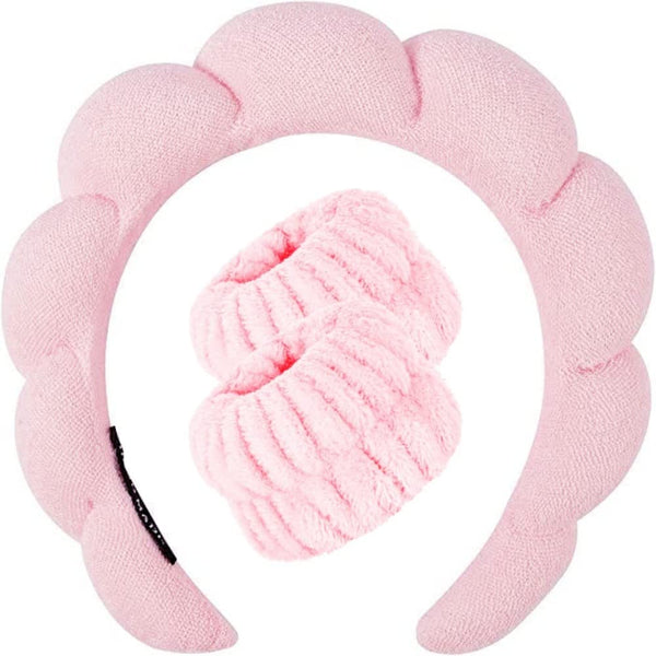 Spa Headband & Wrist Towels Set for Washing Face, Terry Cloth Fabric, Pink