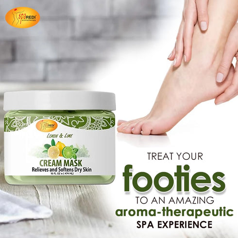 SPA REDI Body and Foot Cream Mask, Lemon and Lime, 16 Oz, Hydrating Pedicure Massage for Tired Feet
