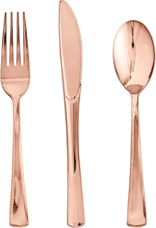 FOCUSLINE 75 Pack Rose Gold Plastic Silverware Set, 25 Forks, 25 Knives, 25 Spoons, Heavy Duty Disposable Cutlery