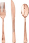 FOCUSLINE 75 Pack Rose Gold Plastic Silverware Set, 25 Forks, 25 Knives, 25 Spoons, Heavy Duty Disposable Cutlery