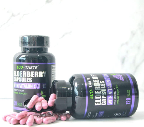 ECO-TASTE Elderberry Capsules with Zinc & Vitamin C - 120 Veggie Caps for Immune & Skin Health
