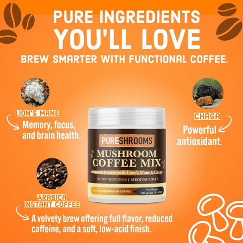 Focus & Create Adaptogenic Instant Mushroom Coffee, 50-Serve Pack with Lion’s Mane & Chaga for Brain Support