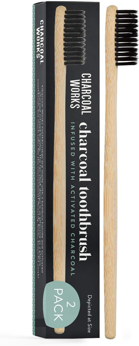 Charcoal Works Adult Charcoal Infused Bamboo Toothbrush, Natural, Pack of 2