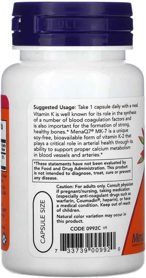 K-2 (MK7) 100 60 Count, Pack 2 Now Foods Vitamin Veg Capsules, mcg