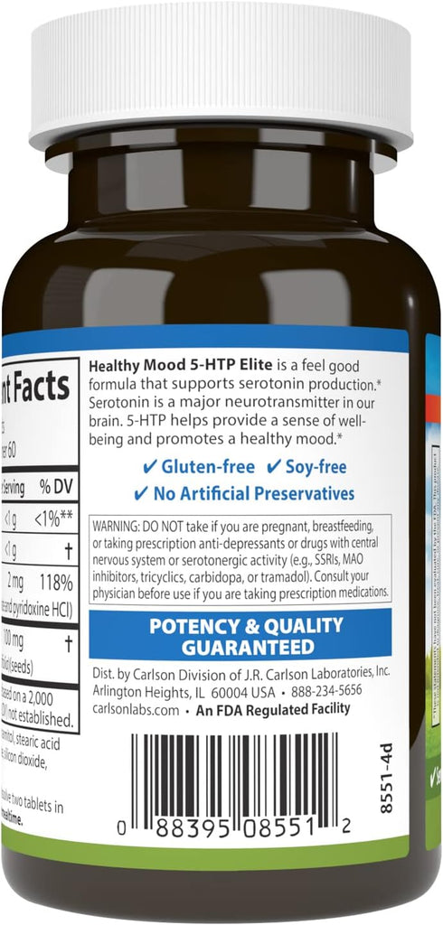 Carlson Healthy Mood 5-HTP Elite, 100 mg, Promotes Relaxation & Serotonin Production, Natural Raspberry Flavor, 120