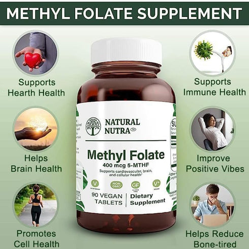Natural Nutra Active Methyl Folate Supplement with Quatre Folic, 90 Vegan Tablets, Supports Brain, Heart, and Cell