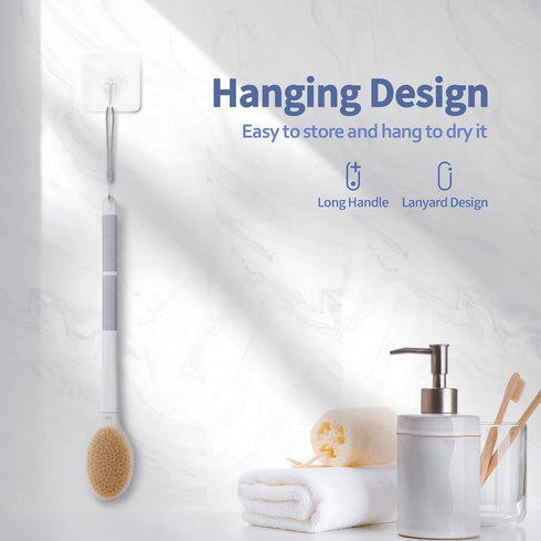 Back Scrubber Body Shower Brush with Anti Slip Long Handle, Soft and Stiff Bristles, Grey