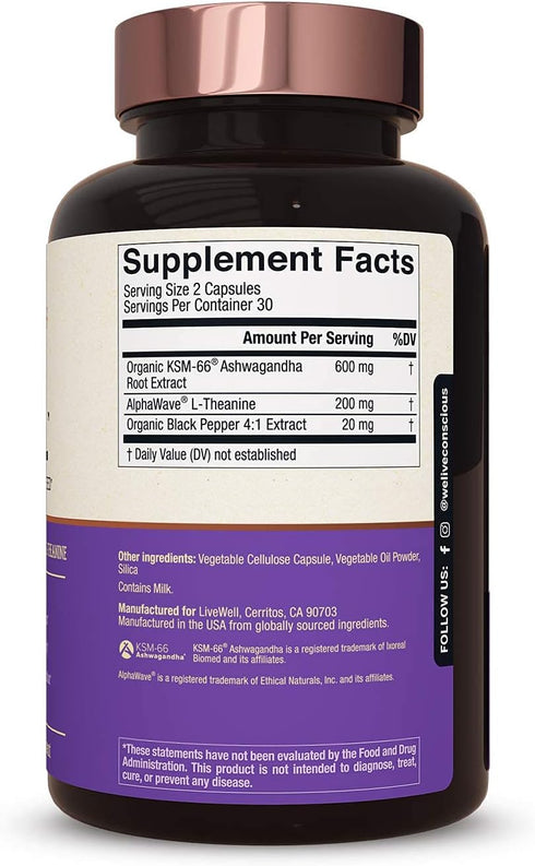 Live Conscious KSM-66 Ashwagandha Supplement with L Theanine & AlphaWave, 60 Capsules for Stress Relief & Brain Health