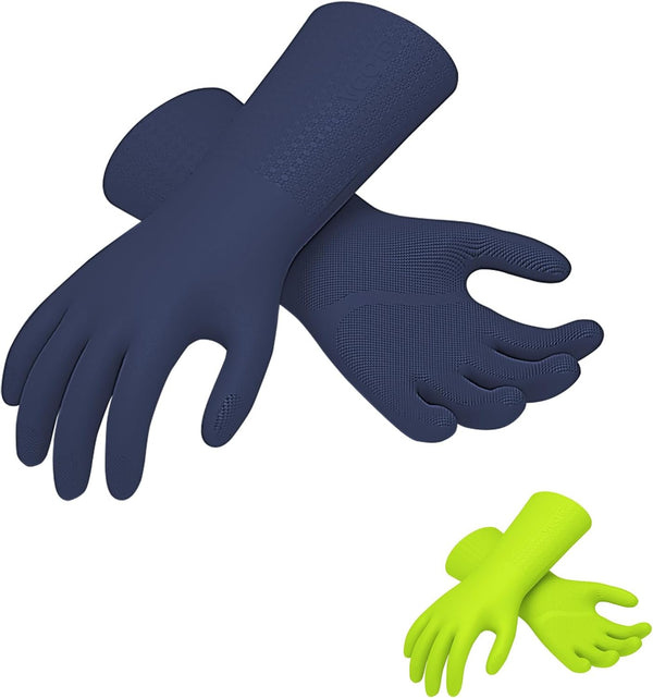 Vgo... 2 Pairs Reusable Household Aromas Gloves: Durable Long Sleeves Kitchen Cleaning Gloves (Dark Blue & Hi-viz