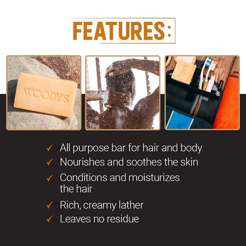 Woody's Men's 2-in-1 Hair & Body Shampoo Bar, 8 Oz., Rich Lather Formula, Nourishes & Moisturizes