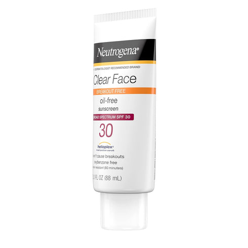 Neutrogena Clear Face Liquid Sunscreen, 3 fl. oz, Broad Spectrum SPF 30, Oil-Free, Fragrance-Free for Acne-Prone Skin