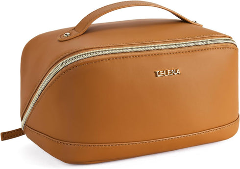 Telena Large Capacity Makeup Bag, Portable PU Leather Water Resistant Cosmetic Organizer for Women with Handle and