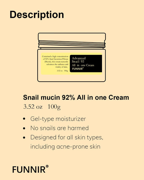 Snail Mucin 92% Repair Cream Face Moisturizer 100g, Face Cream for All Skin Types Youthful and Radiant Formula, Skincare Products