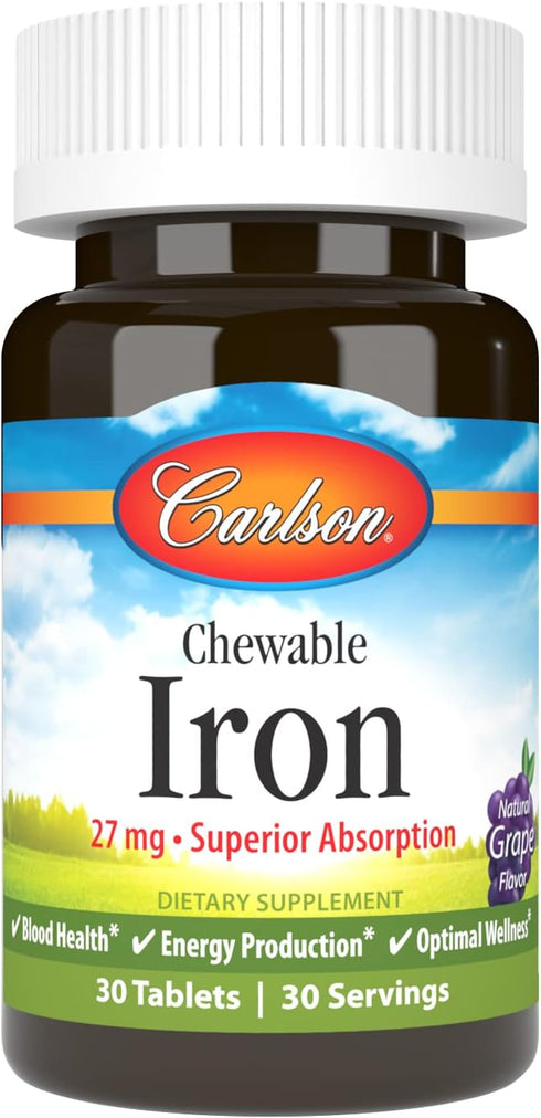 Carlson Chewable Iron 27 mg, Grape, 30 Tablets for Blood Health