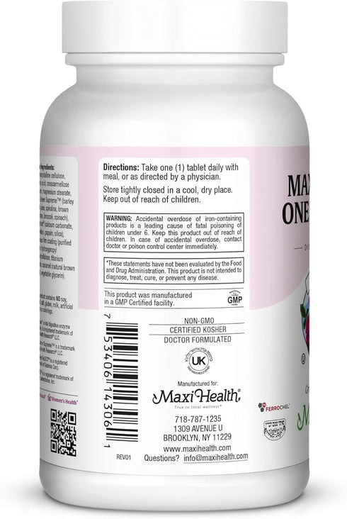 Maxi Health One Prenatal Vitamins with Iron - Enhanced Absorption & Bioavailability, 60 Tablets for Women