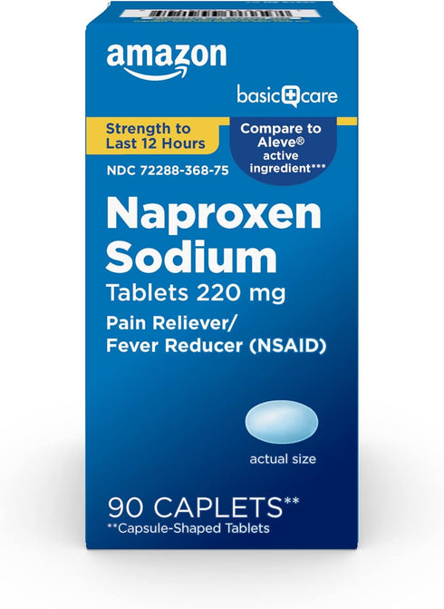 Amazon Basic Care Naproxen Sodium Caplets, 220 mg, Pain Reliever for Muscular Aches, 90 Count