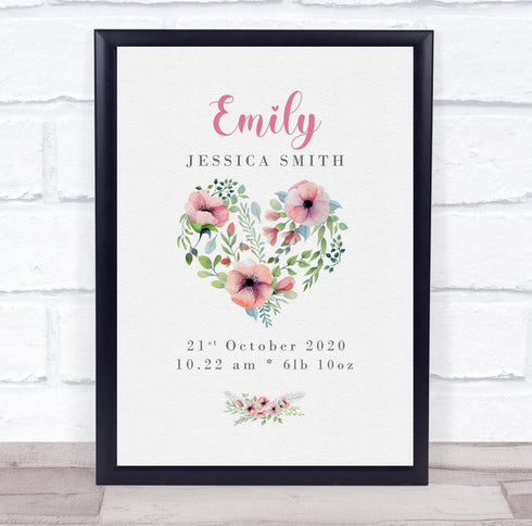 The Card Zoo New Baby Birth Details Christening Nursery Floral Heart Keepsake Gift Print