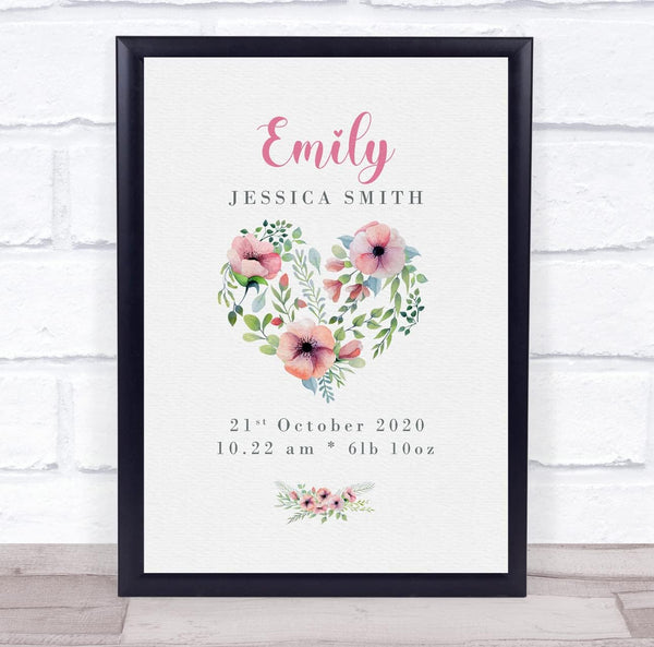 The Card Zoo New Baby Birth Details Christening Nursery Floral Heart Keepsake Gift Print