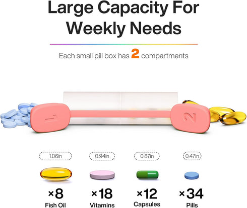 Set 2 7 White/Pink Weekly Pill Organizer Times a Day - Am Pm Pill Box Day, Large Twice Medicine Pill Case for Daily