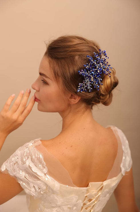 Women Royal Sapphire Opal Hair Comb, Bridal Blue Crystal Flower Wedding Accessory, Gift for Her, Party Headpiece