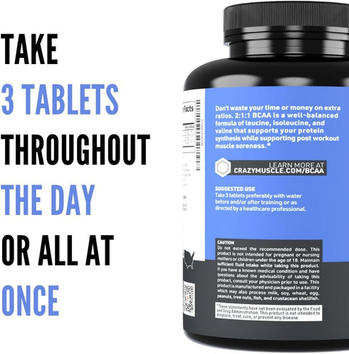 Crazy Muscle BCAA Pills, 2:1:1 Ratio of Branched Chain Amino Acids, 1000mg per Pill, 120 Tablets