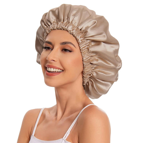 Satin Bonnet Silk Hair Bonnet for Sleeping, Slouchy Beanie Hat for Women's Natural & Curly Hair (Khaki)