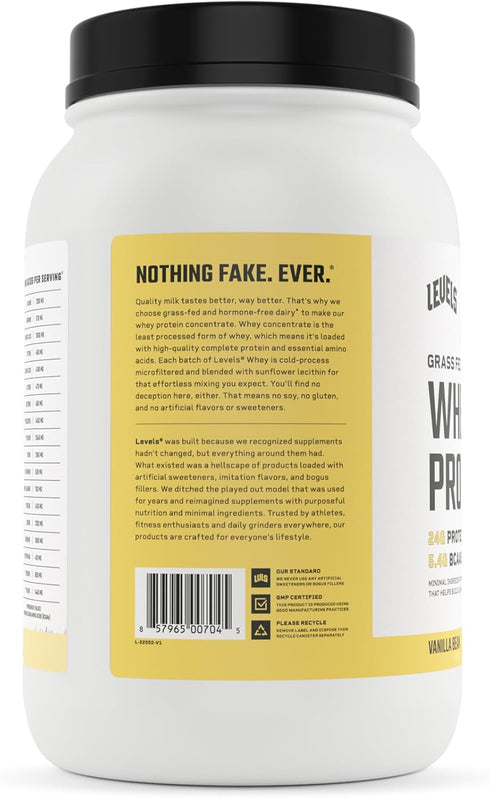 Levels Grass Fed Whey Protein Powder - 24G of Protein, No Artificials, Vanilla Bean, 2LB