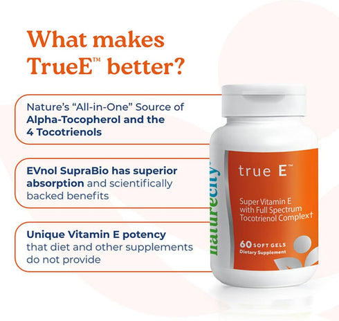 True-E Full Spectrum Tocotrienols Vitamin E & Natural Alpha Tocopherol Supplement | Non-GMO, 60 Soft gels by NatureCity