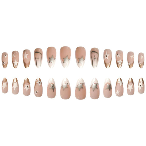 Press on Nails Medium Almond MABKJLF, French Tip Fake Nails, Nude Full Cover White Gold Nail Tip, 24 Pcs