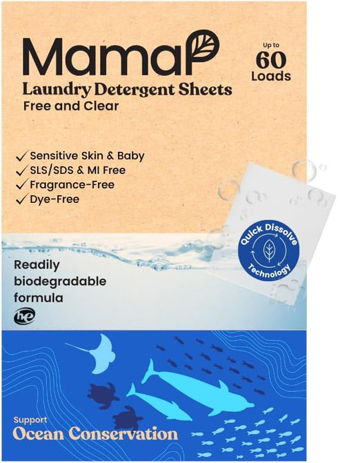 MamaP Powerful Laundry Detergent Sheets, Fragrance-Free and Hypoallergenic, Natural Ingredients, Eco-Friendly 100% Recyclable