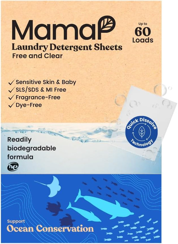 MamaP Powerful Laundry Detergent Sheets, Fragrance-Free and Hypoallergenic, Natural Ingredients, Eco-Friendly 100% Recyclable