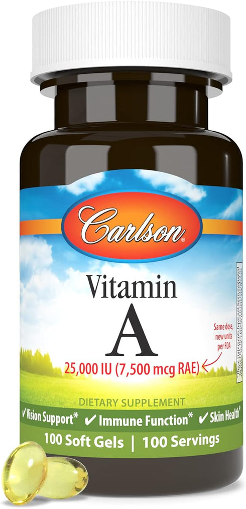 Carlson Vitamin A, 25000 IU (7500 mcg RAE) | 100 Softgels | Vision & Skin Health, Immune Function