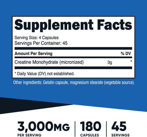 Nutricost Creatine Monohydrate, 3,000mg, 180 Capsules (750mg Per Capsule) - Gluten Free