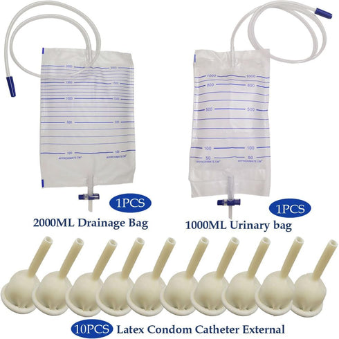 YEYSXSY Set 10pcs 1pcs 1000ml 1pcs 2000ml Bag(35mm/1.38inch) Latex Condom Catheter External Self Sealing Male Condom