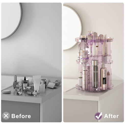 Rotating Makeup Organizer for Vanity, Adjustable Spinning Tray, Cosmetic Display Case with Brush Holder & Perfume Tray