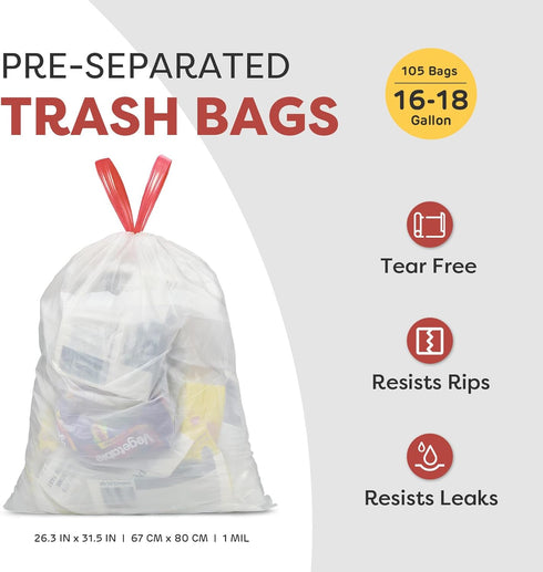 Holuwiso 16-18 105 Count Pre-Separated Gallon Trash Bags Drawstring, Clear, Size M, Tear Free Large Garbage Bags