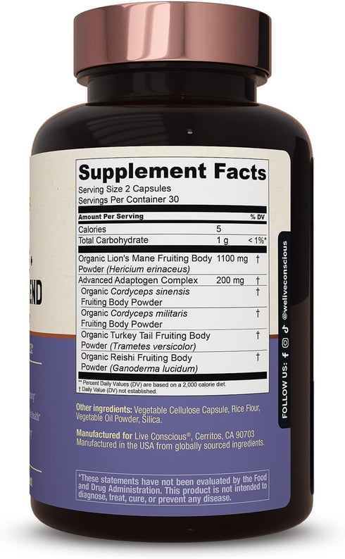 Live Conscious Lions Mane Mushroom Supplement - Brain Support with Lion's Mane, Cordyceps, Reishi, Turkey Tail
