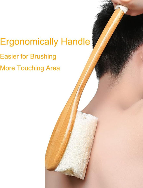 Leotruny 100% Natural Exfoliating Loofah with Long Wooden Handle Shower Back Brush (Off-White, 1 Pack)