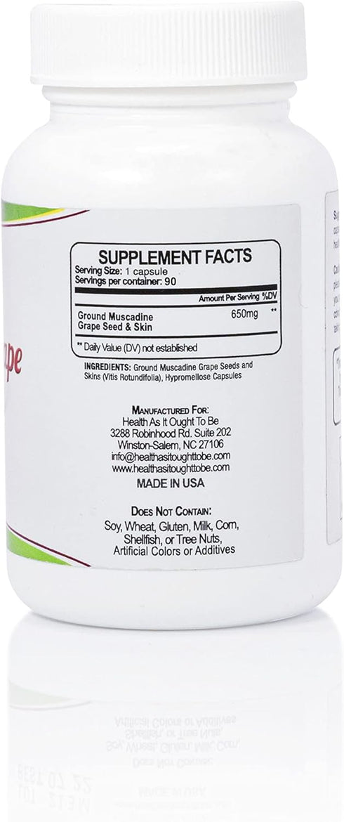 Health As It Ought To Be Muscadine Grape Seed & Skins Supplement, 90 Capsules for Antioxidant Support