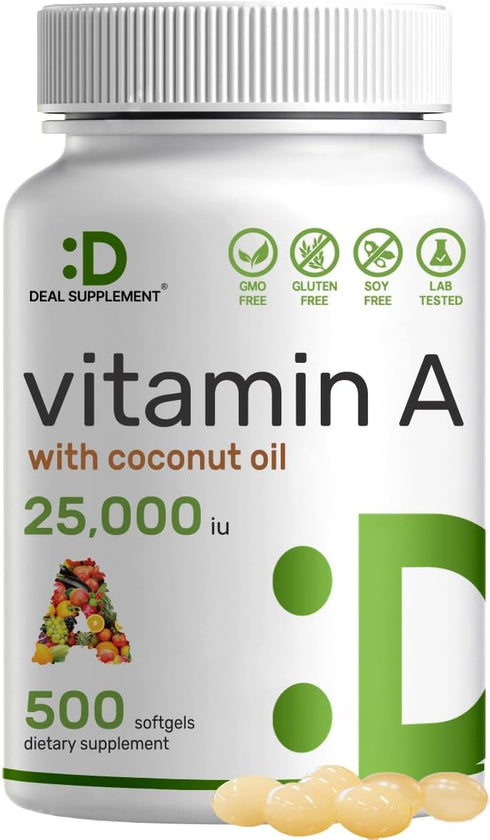 DEAL SUPPLEMENT High Potency Vitamin A 25000 IU, 500 Coconut Oil Softgels, Natural Fish Liver Oil Source