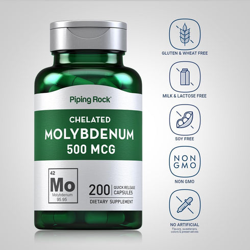 Piping Rock Molybdenum Supplement 500 mcg, 200 Capsules, Non-GMO Chelated Molybdenum Amino Acid, Gluten Free