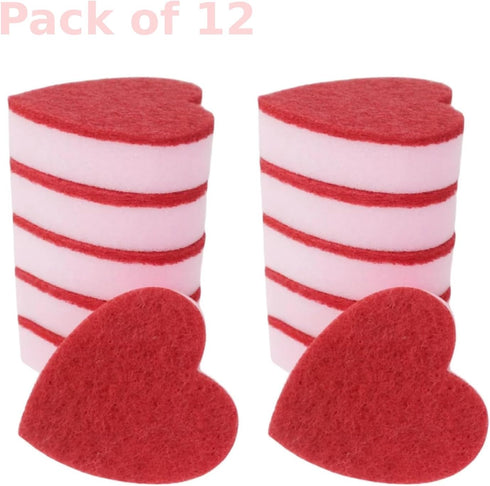 Heart Shaped Sponge, Pink Dual-Sided Kitchen Scrubber for Dishes, Pots, Pans, and Household Cleaning, 12 Pack
