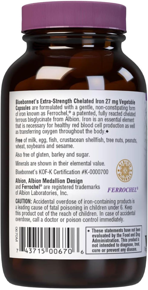 Bluebonnet Nutrition Albion Extra-Strength Chelated Iron | 27 mg | 90 Vegetable Capsules for Healthy Red Blood Cells