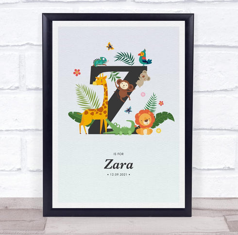 The Card Zoo Jungle Animals Initial Z Baby Birth Details Nursery Christening Gift Print