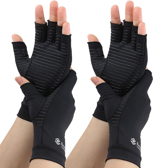 2 Pairs Compression Gloves for Women and Men, Fingerless Copper Arthritis Gloves for Hand Pain Relief, Open Finger